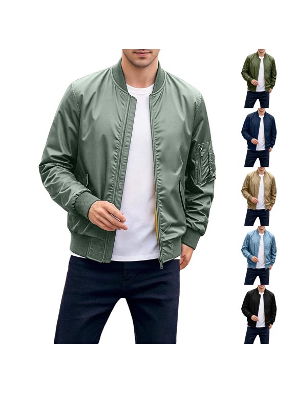 Mens Bomber Jacket Ribbed Collar Casual Cropped Jackets Wrinkle Free Lightweight Windbreakers Solid Color Stylish Baseball Jacket with Pockets Navy S