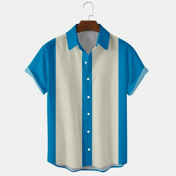 UVEASISHA Mens Bowling Shirts Short Sleeve,Men's Color Block Button Down Shirts Hawaiian Casual Printed Beach Shirt Summer Regular Fit Top 2025,Sky Blue XXXL