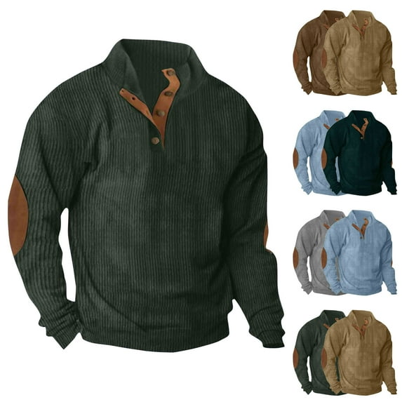 UVEASISHA Mens Button Collar Sweatshirt 2025 Fall Winter Corduroy Sweatshirts Cowboy Vintage Long Sleeve Pullover with Elbow Patches Khaki L