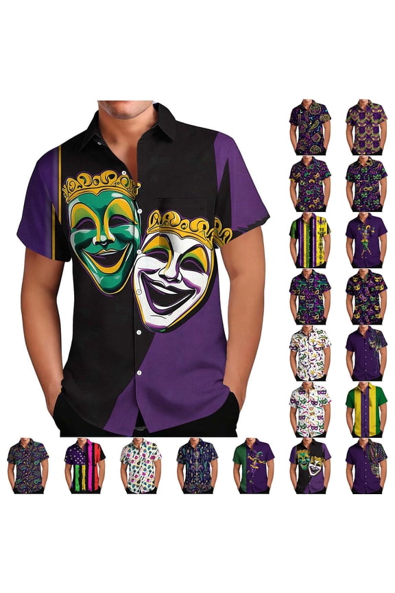 Mens Button Down Shirts Mardi Gras Fancy Printed Hawaiian Shirts Lightweight Short Sleeve Carnival Themed Shirt Holiday Party Shirts Wine XL