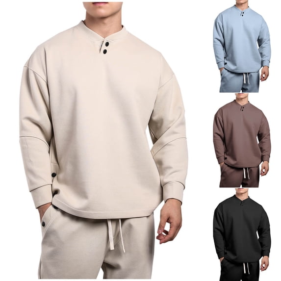 UVEASISHA Mens Button Up Sweatshirts Solid Color Henley Pullover Tops Drop Shoulder Long Sleeve Collarless Golf Shirts Fall Casual Streetwear,Light Blue,XL