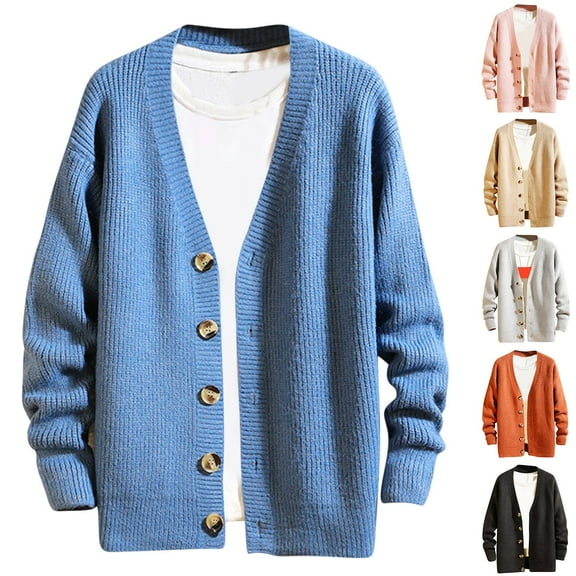 UVEASISHA Mens Cable Knit Cardigan Sweaters Oversized Casual Button Down V Neck Sweater Drop Shoulder Long Sleeve Open Front Cardigans Blue 3XL