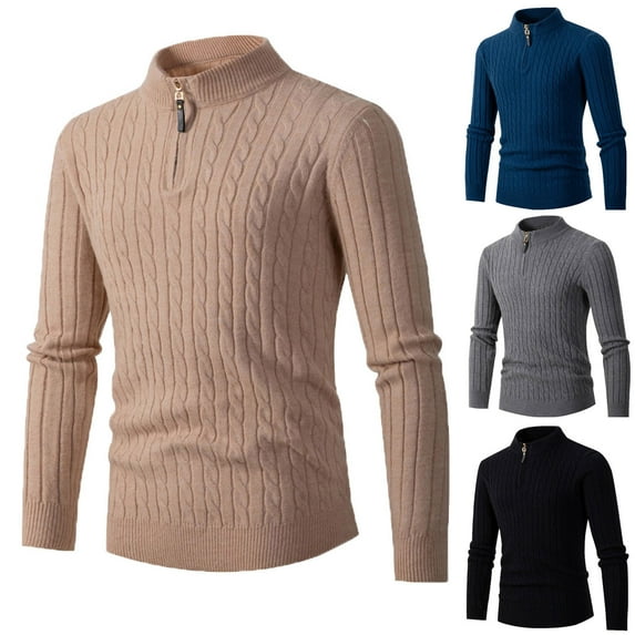 UVEASISHA Mens Cable Knit Quarter Zip Sweaters Fashion Stand Collar Pullover Sweater Warm Long Sleeve Slim Fit Knitted Tops Cozy Jumpers Black L