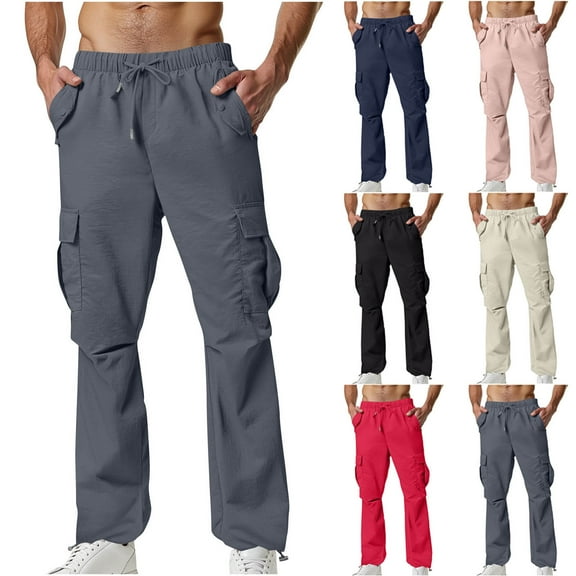 UVEASISHA Mens Cargo Pants Drawstring Casual Joggers Lightweight Outdoor Hiking Pant Elastic Waist Workout Pants with Pockets Beige XL