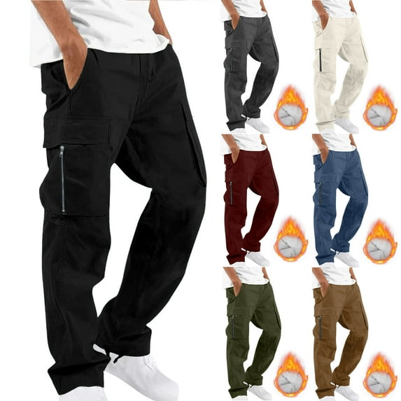 UVEASISHA Mens Cargo Pants Elastic Waist Drawstring Joggers Open Bottom Fleece Lined Sweatpants Loose Fit Casual Hiking Pants with Pockets Black M