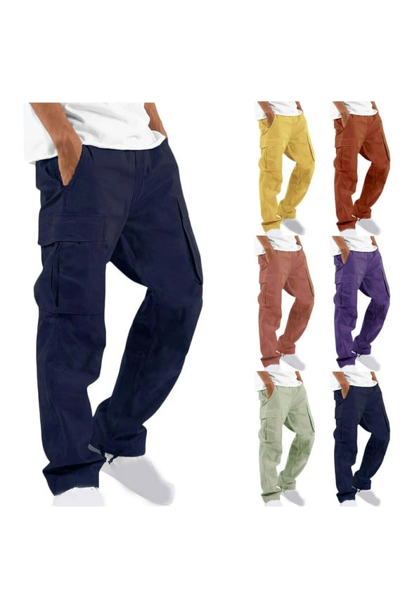 Mens Casual Hiking Pants Lightweight Drawstring Cargo Pants Straight Leg Baggy Work Pants Fashion Multi Pockets Outdoor Athletic Trousers for Men Today Sales