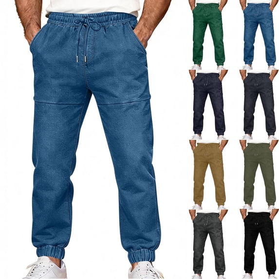 UVEASISHA Mens Casual Jeans Faux Denim Drawstring Elastic Waist Jogger Pants Summer Lightweight Loose Jean Trousers with Pockets Gray L