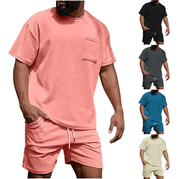UVEASISHA Mens Casual Sweatsuit,Solid Color Sets for Men Short Sleeve Crewneck Track Suits Summer Loose Drawstring Shorts Set with Pockets Fashion Sportwear Set Sales Today