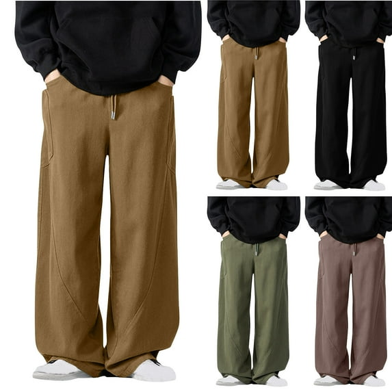 UVEASISHA Mens Casual Wide Leg Pants Big and Tall Straight Loose Cargo Pants Solid Color Baggy Work Pants 2025 Hipster Hip Hop Trousers with Pockets Limited Time Deal Khaki 3XL