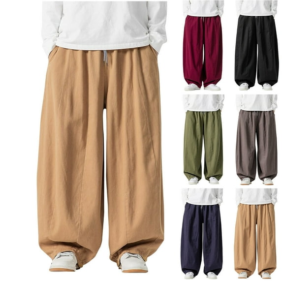 UVEASISHA Mens Casual Wide Leg Pants Vintage Baggy Cargo Pants Drawstring Elastic Waist Work Pants Solid Color Loose Trousers with Pockets Christmas Sales Today Khaki XXL