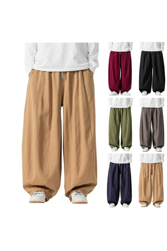 Mens Casual Wide Leg Pants Vintage Baggy Cargo Pants Drawstring Elastic Waist Work Pants Solid Color Loose Trousers with Pockets Summer Sale Black 4XL
