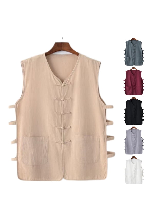 Mens Chinese Kung Fu Shirt Sleeveless V Neck Linen Vest Frog Button Tai-Chi Training Clothes Cardigan with Pockets White 3XL