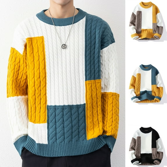 UVEASISHA Mens Color Block Sweater Long Sleeve Twist Knitted Pullover Oversized Crewneck Sweaters Big and Tall Casual Jumper Tops Green XXL