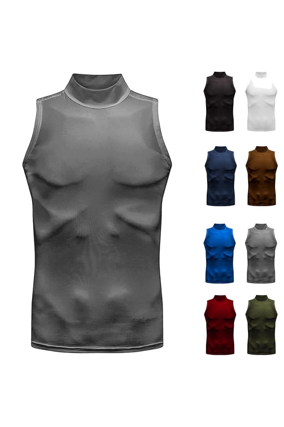 Mens Compression Shirt Mock Turtleneck Sleeveless Baselayer Moisture Wicking Quick Dry Workout Tank Tops for Gym Running Training Black L