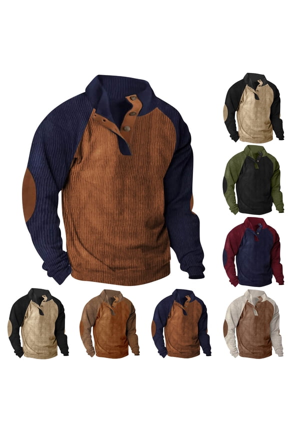 Mens Corduroy Shirts Button Lapel Collar Sweatshirts Elbow Patches Long Sleeve Vintage Sweatshirt Colorblock Casual Pullover Tops,Brown,L