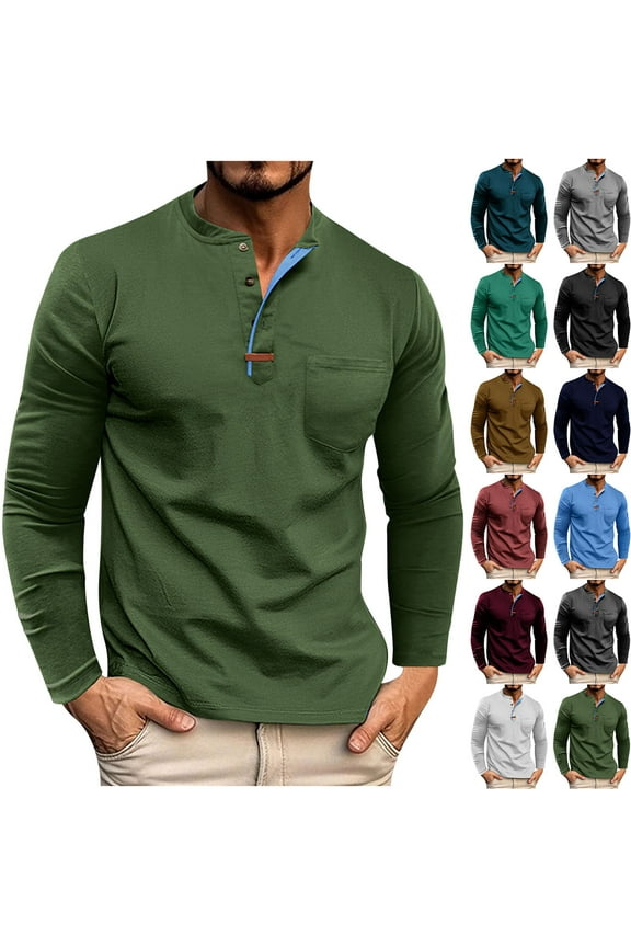 Mens Cotton Henley Shirts Long Sleeve T-Shirt Business Casual Button Up Shirts Solid Color Vintage Pullover Tops with Chest Pocket Red L