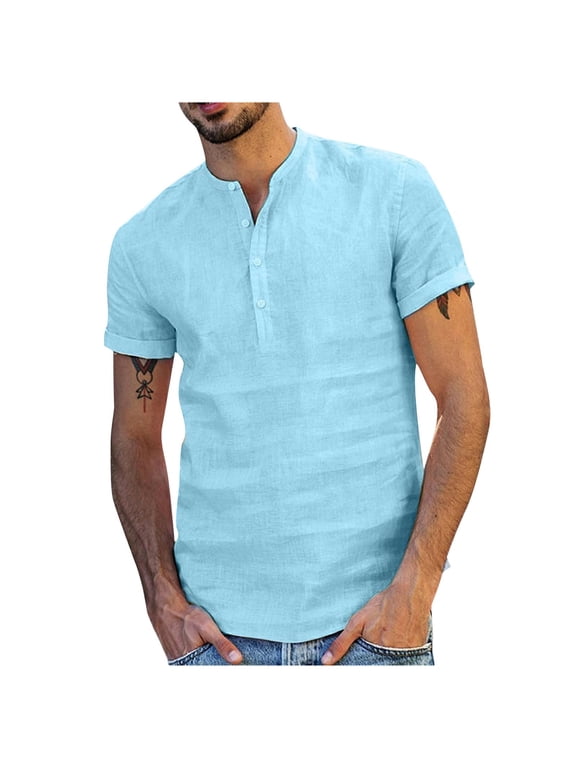 Mens Cotton Linen Henley Shirts Casual Short Sleeve T shirts Summer V-Neck Hippie Linen T Shirts Comfort Breathable Yoga Tops 2025 Light Blue XXXL