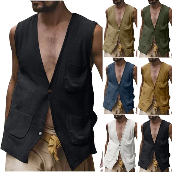 UVEASISHA Mens Cotton Linen Vest Sleeveless Button Down V Neck Lightweight Shirts Solid Color Casual Loose Waistcoat with Pockets Yellow S