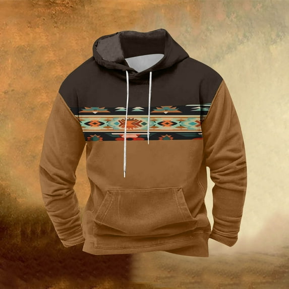 UVEASISHA Mens Cowboys Hoodie Western Aztec Vintage Colorblock Graphic Pullover Tops Fall Casual Pocket Drawstring Hooded Sweatshirt 50 Percent off Deals Today,Khaki,L