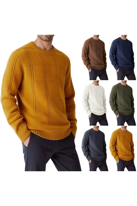 Mens Crew Neck Long Sleeve Sweaters Fashion Plaid Textured Sweater Solid Color Casual Knitted Pullover Fall Winter Warm Jumpers White XXL