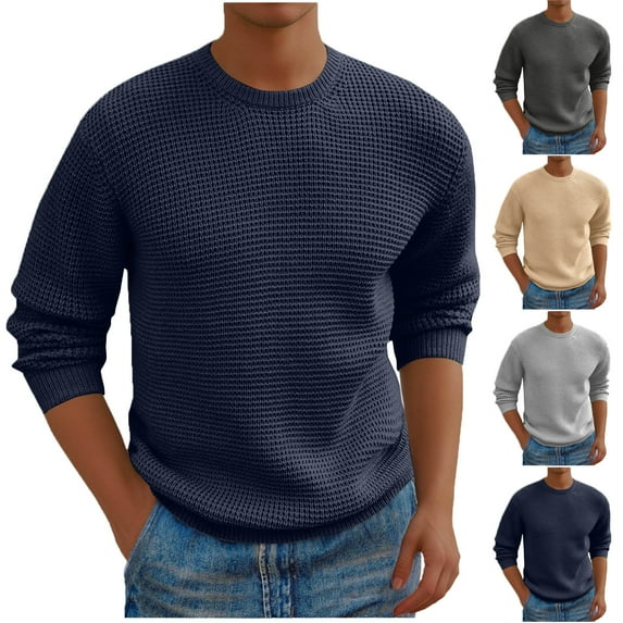 UVEASISHA Mens Crewneck Pullover Sweater Waffle Knit Long Sleeve Textured Sweaters Business Casual Dress Sweater Solid Color Knitted Shirt Beige XL