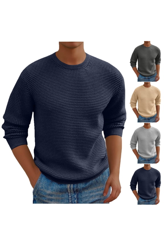 Mens Crewneck Pullover Sweater Waffle Knit Long Sleeve Textured Sweaters Business Casual Dress Sweater Solid Color Knitted Shirt Dark Gray S