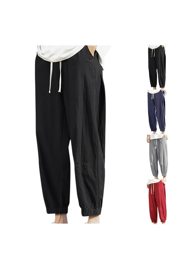 Mens Cropped Linen Pants Big and Tall Casual Beach Pants Pleated Loose Tapered Pants Elastic Ankle Cuffs Drawstring Waist Summer Pants Black 4XL