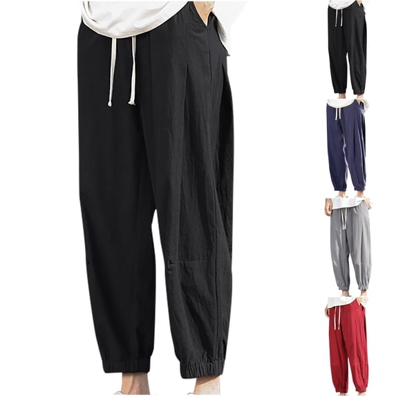 UVEASISHA Mens Cropped Linen Pants Big and Tall Casual Beach Pants Pleated Loose Tapered Pants Elastic Ankle Cuffs Drawstring Waist Summer Pants Dark Blue 3XL