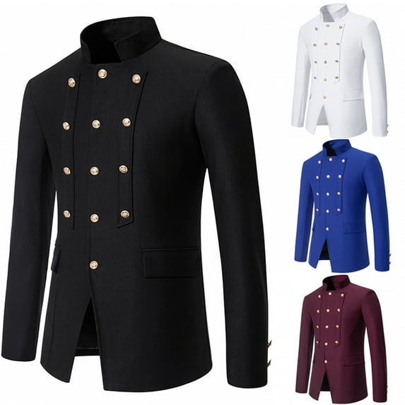 UVEASISHA Mens Double Breasted Suit Jacket Stand Collar Slim Fit Vintage Wedding Blazers Dressy Casual Long Sleeve Tuxedos Sales Today,Blue,L