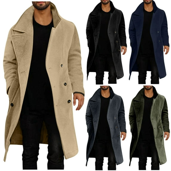 UVEASISHA Mens Double Breasted Trench Coat Wool Blend Casual Lapel Collar Business Peacoats Winter Fashion Long Overcoats with Pockets Black S