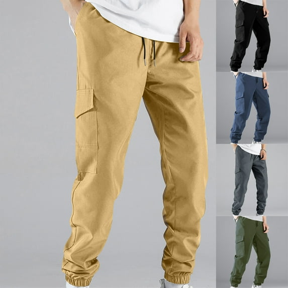 UVEASISHA Mens Drawstring Hiking Pants,Big and Tall Cargo Pants for Men Fashion Outdoor Joggers Pants Elastic Waist Multi Pockets Lightweight Tactical Pants On Sale Today,Black,L