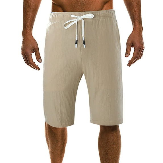 UVEASISHA Mens Drawstring Long Linen Shorts 3/4 Casual Hiking Capri Pants Summer Below Knee Length Multi Pocket Athletic Running Shorts Khaki,XXXXL