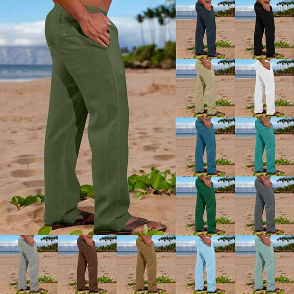 UVEASISHA Mens Elastic Waist Linen Pants Big and Tall Casual Straight Leg Pants Summer Loose Yoga Beach Trousers with Pockets Gray S