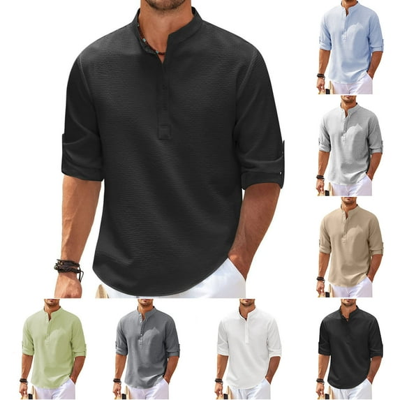 UVEASISHA Mens Fall Henley Shirts Long Sleeve Quarter Button Up Tops Regular Fit Casual Solid Color Pullover 2025 Fashion Collarless Shirt for Men Todays Sales Today Dark Gray 4XL