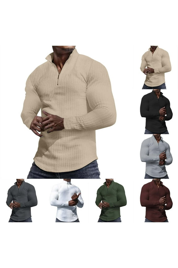 Mens Fall Sweaters Quarter Zip Waffle Knit Pullover Solid Color Casual Slim Fit Golf Sweater Stretchy Soft Knitted Tops 2025 Winter Clothes Sales Today Khaki XL