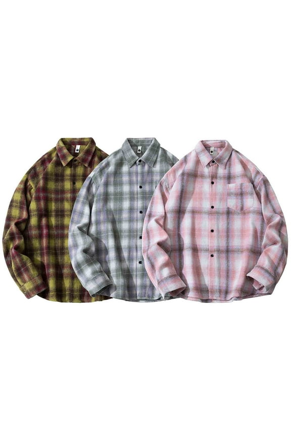 Mens Fashion Plaid Shirt Big and Tall Casual Button Down Shirts for Men Long Sleeve Loose Work Shirt Fall Lightweight Checkered Jacket Pink L