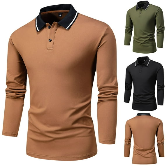 UVEASISHA Mens Fashion Polos Shirts Business Casual Long Sleeve Work Shirt Contrast Neck Button Up Golf Shirts Comfy Slim Fit Poloss Sales Today,Orange,M