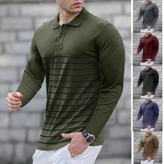 UVEASISHA Mens Fashion Striped Polos Shirts Long Sleeve Stretch Slim Fit Golf Sports Shirt Button Casual Business Work Shirts Stylish Golf Poloss Today Sales,Sapphire Blue,M