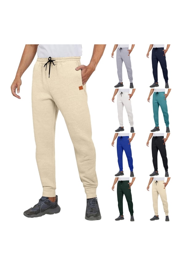 Mens Fashion Sweatpants with Pockets Relaxed Fit Drawstring Elastic Waist Jogger Pants Textured Casual Tapered Leg Trousers White L