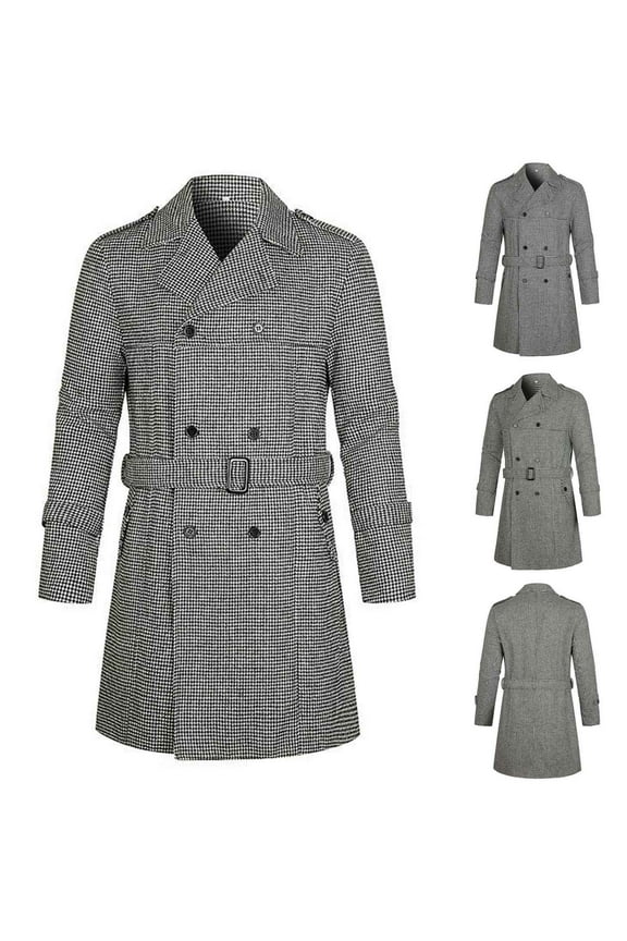 Mens Fashion Trench Coat Long Double Breasted Plaid Jacket Casual Cotton Blend Peacoat Long Sleeve Lapel Coat with Belt and Pockets Holiday Gifts Black XL