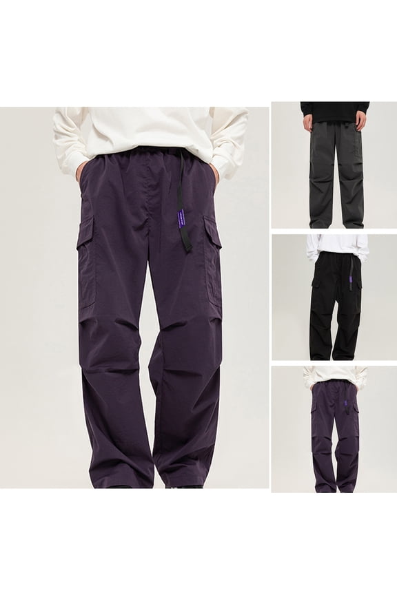 Mens Fashion Work Pants Lightweight Outdoor Cargo Pants Multi Pocket Straight Leg Hiking Pants Elastic Waist Loose Trousers Purple M