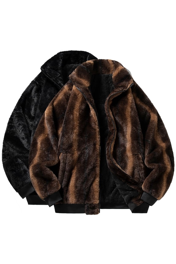 Mens Faux Fur Coats Winter Warm Zip Up Stand Collar Sherpa Jacket Fluffy Fuzzy Long Sleeve Overcoat Comfy Plush Outerwear with Pockets Brown S