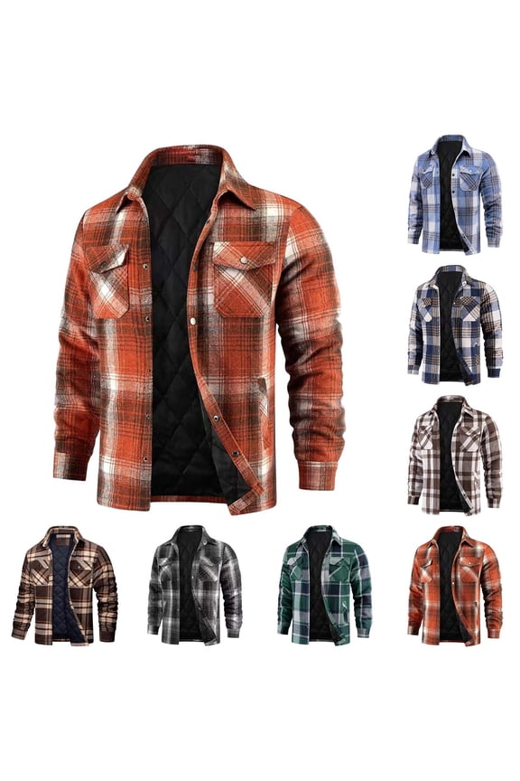 Mens Flannel Shirt Jacket with Quilted Lined Long Sleeve Plaid Shacket Button Down Casual Winter Coats Thick Warm Outerwear with Pockets Coffee XL