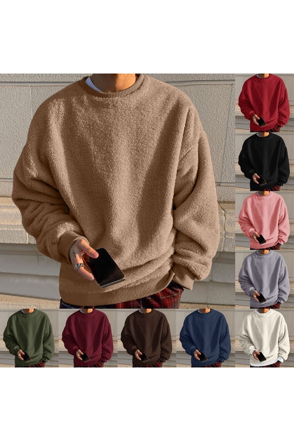 Mens Fleece Crewneck Sweatshirt Big and Tall Casual Fuzzy Pullover Sweatshirts Winter Sherpa Warm T-Shirts Navy 5XL