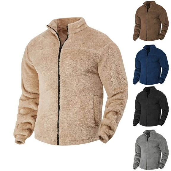 UVEASISHA Mens Fleece Jackets Full Zip Stand Collar Winter Coats Fuzzy Sherpa Warm Sweatshirt Jacket Comfy Plush Outerwear with Pockets Khaki M
