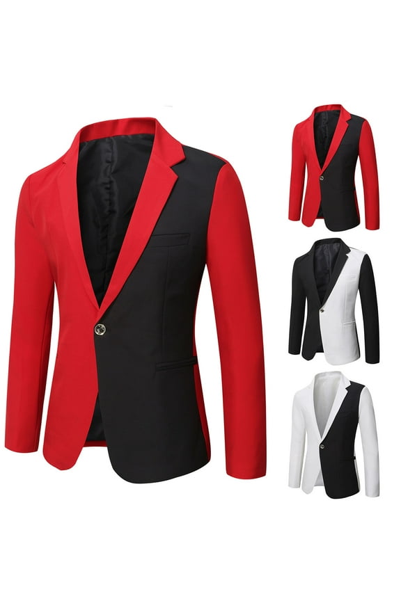 Mens Formal Suits for Wedding Colorblock Fashion Blazer Suit Jacket Fall Lightweight Slim Fit Dinner Party Prom Jackets with Pockets,Red,2XL