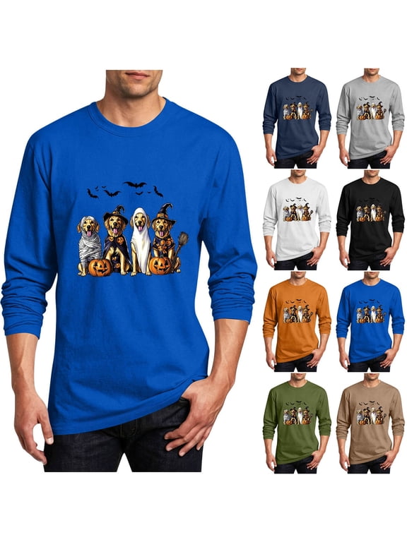 Mens Funny Long Sleeve T Shirts Halloween Bat Pumpkin Cute Dog Printed Graphic Tees Big and Tall Casual Crewneck T-Shirts Regular Fit Streetwear Tops Orange 5XL