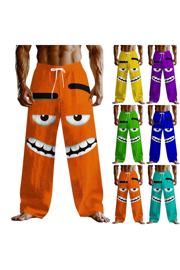 Mens Funny Pants with Pockets Summer Loose Straight Leg Linen Pants Novelty 3D Cartoon Print Beach Slacks Stretch Waist Drawstring Trousers Mint Green L