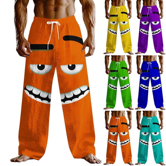 UVEASISHA Mens Funny Pants with Pockets Summer Loose Straight Leg Linen Pants Novelty 3D Cartoon Print Beach Slacks Stretch Waist Drawstring Trousers Orange XXL