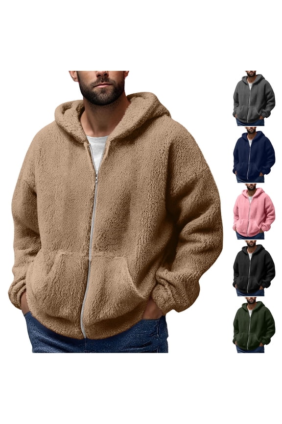 Mens Fuzzy Fleece Jacket Winter Sherpa Warm Hooded Coats Comfy Plush Casual Zip Up Hoodies Thermal Outerwear with Pockets Gray XL